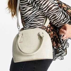 NWT- BOWLER BAG TOP HANDLE & DETACHABLE CROSSBODY STRAP in CROC EMBOSSED STONE